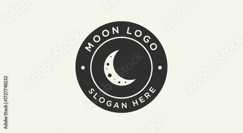 A circular emblem featuring a crescent moon with visible craters, enclosed within a dark border inscribed with "MOON LOGO" and "SLOGAN HERE.".