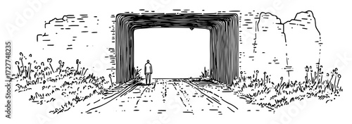 person walking through tunnel in nature