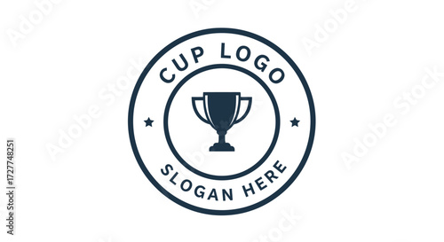 A circular logo design featuring a trophy icon in the center, surrounded by text "CUP LOGO" and "SLOGAN HERE" with stars.