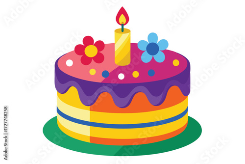 Colorful layered cake adorned with flowers and a lit candle sits isolated on white