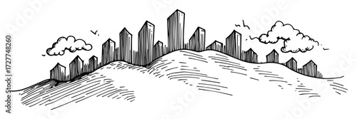 city skyline behind hills sketch