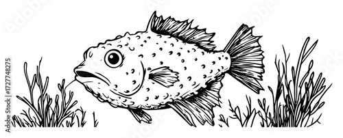 fish in reeds hand drawn illustration