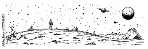 astronaut standing on alien planet surface