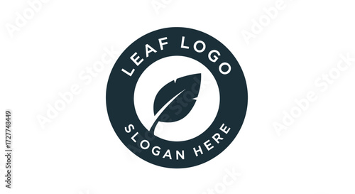Minimalist leaf logo design with a single leaf silhouette inside a dark circle, surrounded by text.
