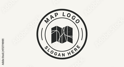 A circular emblem featuring a stylized, folded map with abstract lines, surrounded by text indicating "MAP LOGO" and "SLOGAN HERE" on a plain background.