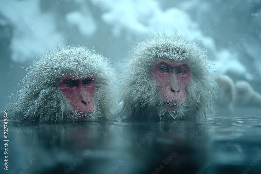 Fototapeta premium Two snow monkeys in a hot spring, covered in frost