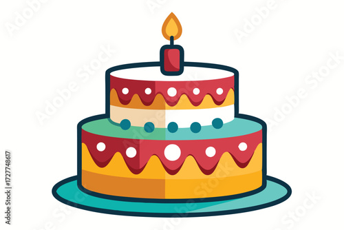 Cartoon tiered cake displays a single burning candle, resting on a simple turquoise plate