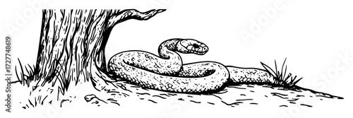 snake coiled under tree sketch