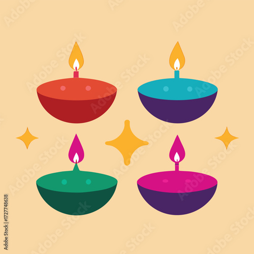 four traditional diwali lamps in bright colors wit (1).eps