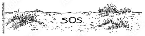 sos sign written on sandy ground