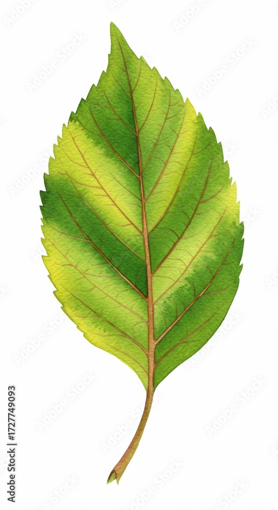 Obraz premium A Single Leaf's Story: A close-up, watercolor depiction of a vibrant, verdant leaf, showcasing intricate veining and subtle color gradients to symbolize the beauty of nature.