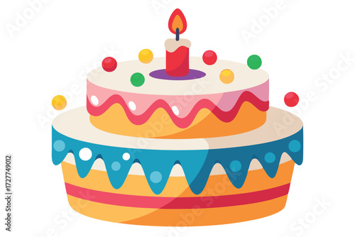 Two tiered cake shows colorful decorative candies and single candle flame on top