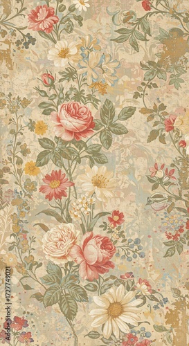 Vintage floral design: A captivating vintage floral design, showcasing a romantic tapestry of blooming flowers and delicate foliage, offering a timeless aesthetic. 