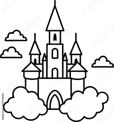 fantasy castle surrounded by floating clouds illustration on transparent background