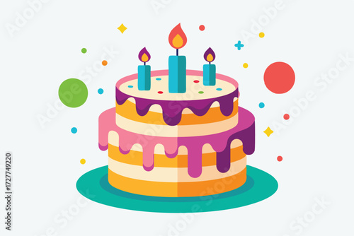 Colorful two tiered cake with three lit candles sits atop a plate