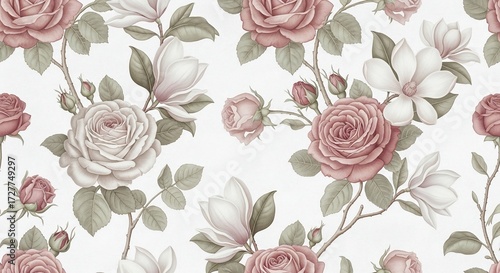 Wallpaper Mural Floral Elegance Pattern: A stunning repeating floral pattern, blooming with roses and magnolia blossoms. Delicate petals and lush foliage create an elegant, artistic feel. Torontodigital.ca