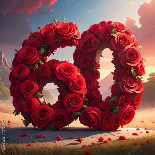 Number 60 formed by many red roses, on a grassy plain with mountains in the background