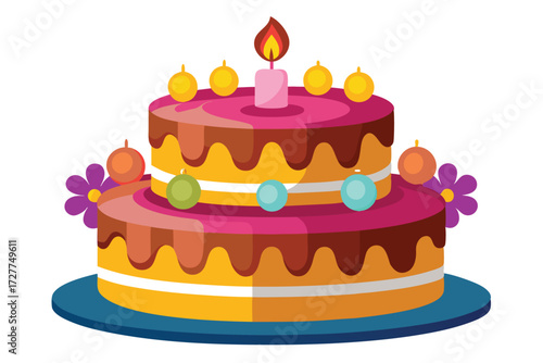 Twotiered cake shows a bright candle, dripping frosting, and colorful spherical decorations