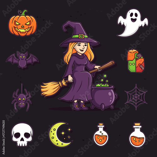 A spooky cartoon witch with her black cat and broomstick flies past a glowing moon on Halloween night