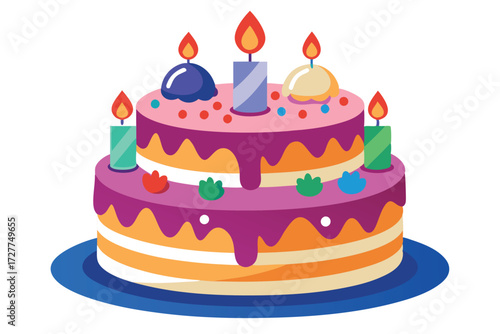Two layered cake adorned with icing, lit candles, and placed on a blue plate