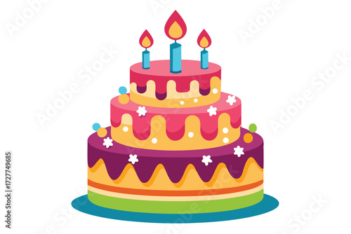 A three tier cake with melting frosting and burning candles sits on the plate