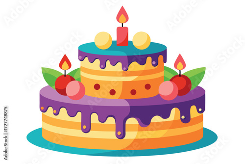 Two layered cake adorned with fruits and lit candles shines against a white background