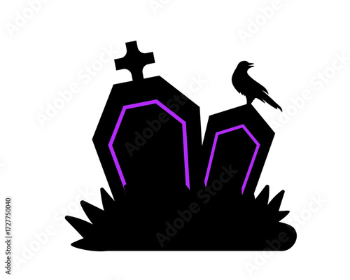 Mysterious silhouette of an ominous crow perched upon ancient gravestones, casting a haunting shadow over a spooky scene, perfect for Halloween celebrations and eerie designs
