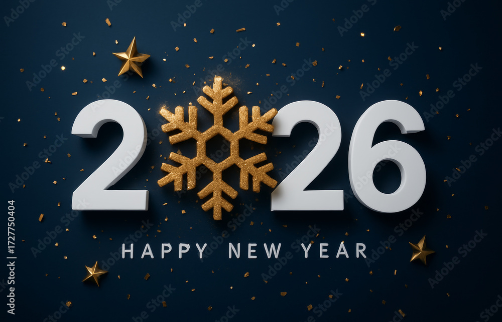 Fototapeta premium Elegant 2026 Happy New Year Banner with 3D White Numbers and Golden Decoration