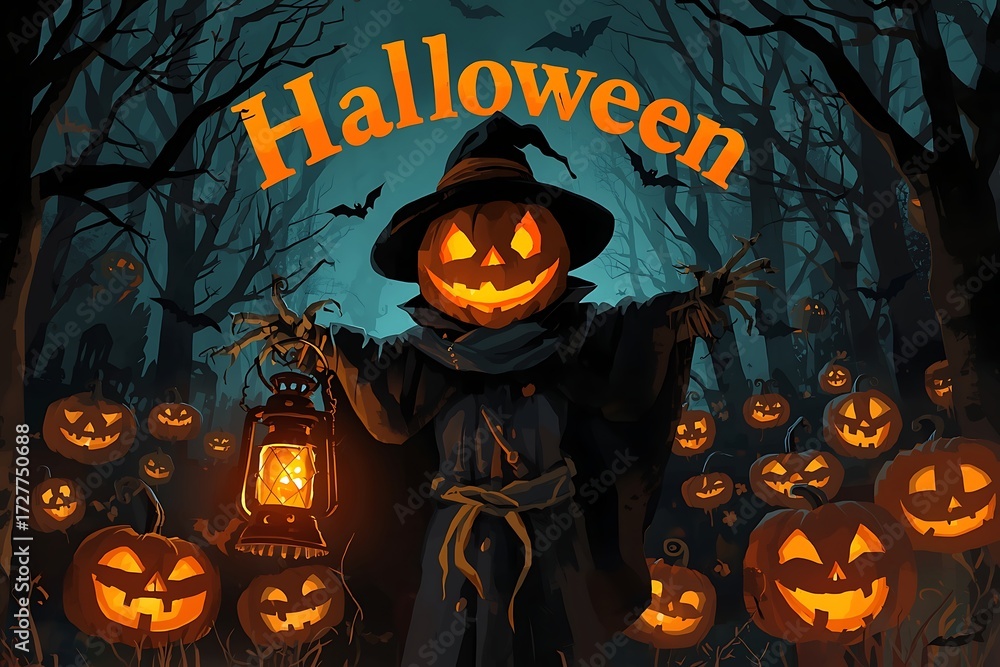 Fototapeta premium Halloween background with pumpkins and haunted house