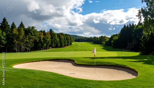 Lush green golf course fairway with sand trap, trees, and a cloudy blue sky