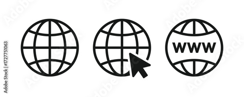 Visit website vector icon set. Web icons set. Website, globe icon set. Browser globe outline icons, www signs