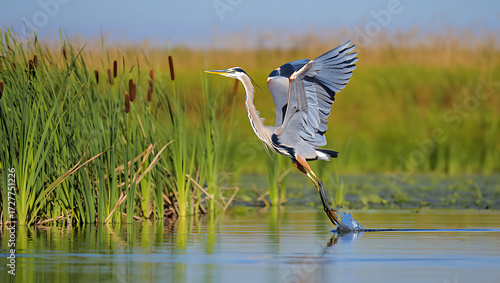 Great Blue Heron Taking Flight Over Water with Cattails in the Background bird avian