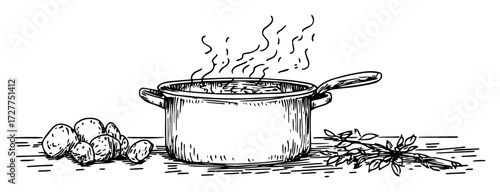 boiling pot with vegetables and herbs