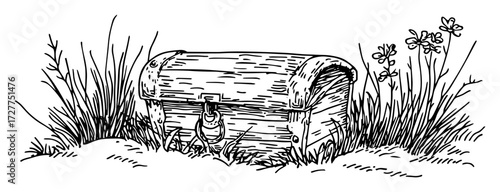 hand drawn treasure chest in grass