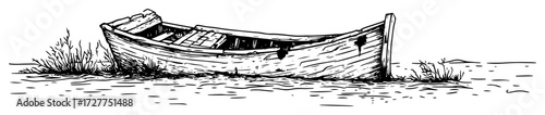 old wooden rowboat on shore
