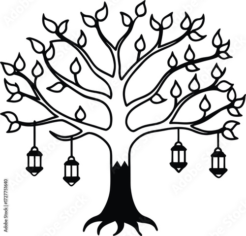 fantasy tree with swinging lanterns illustration on transparent background