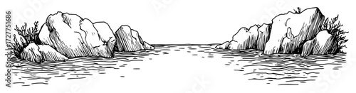 rocky canyon river landscape drawing