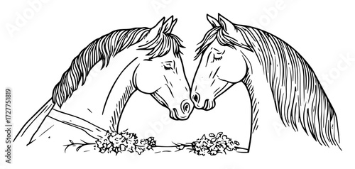 two horses nuzzling with flowers