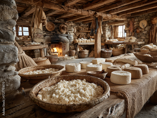 Traditional cheesemaking workshop displaying fresh cheese and curds