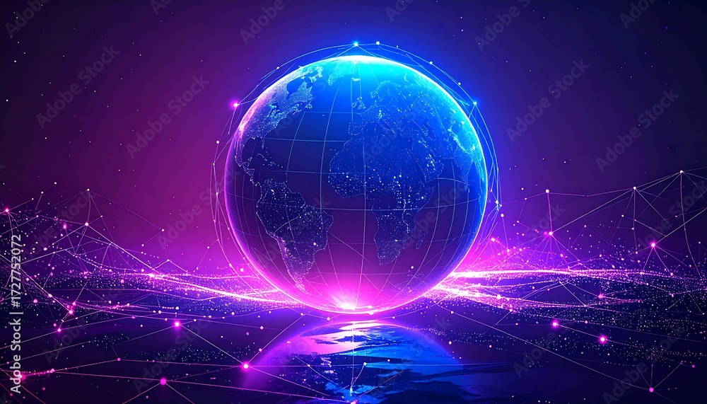 Fototapeta premium Digital Globe Luminous sphere illuminated in neon violet with network lines