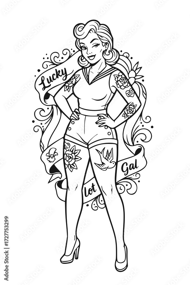 Fototapeta premium Classic pin-up girl with a sassy pos, tattoo design vector