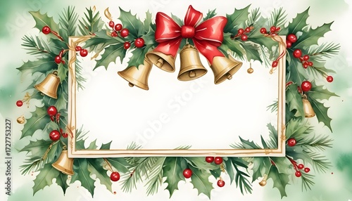 Festive Christmas Frame with Bells, Holly, and Berries