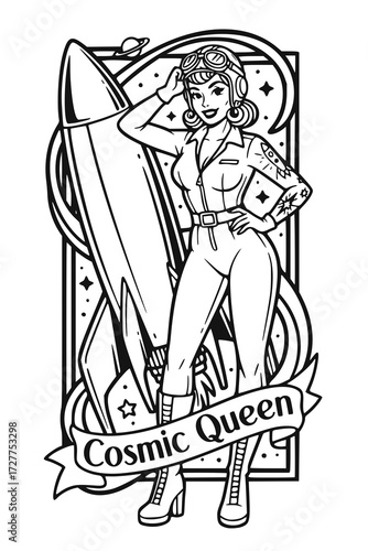 Stylized woman retro-futuristic pin-up pilot