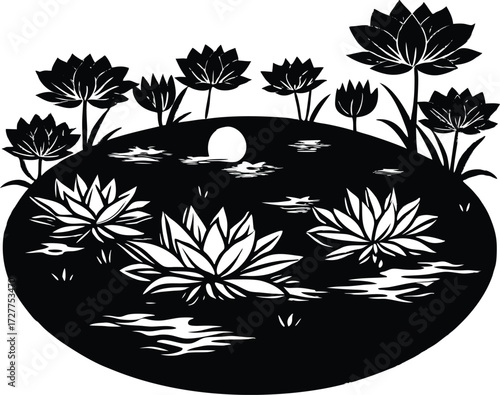 Lotus Pond Silhouette | Tranquil Water Plant Vector Design