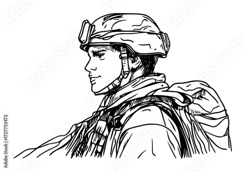 soldier portrait sketch in helmet and gear