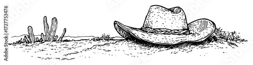 western cowboy hat on desert ground sketch