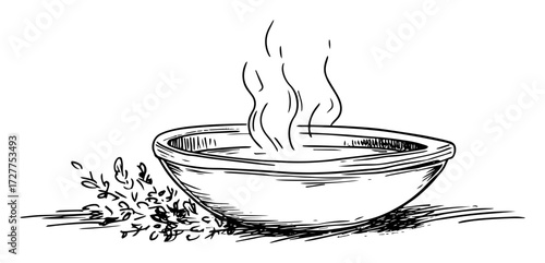 hot soup bowl with herbs hand drawn