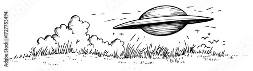 flying ufo above field in vintage style