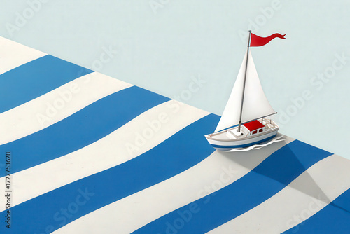 Colorful Sailboat on Blue and White Striped Surface with Shadows