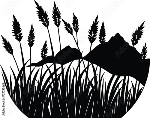 Mountain Meadow Grass Silhouette | Natural Landscape Vector Illustration
